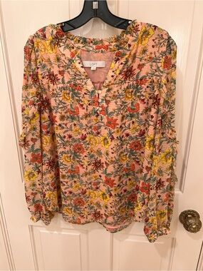 LOFT Pink Floral Button-Front Long Sleeve Blouse